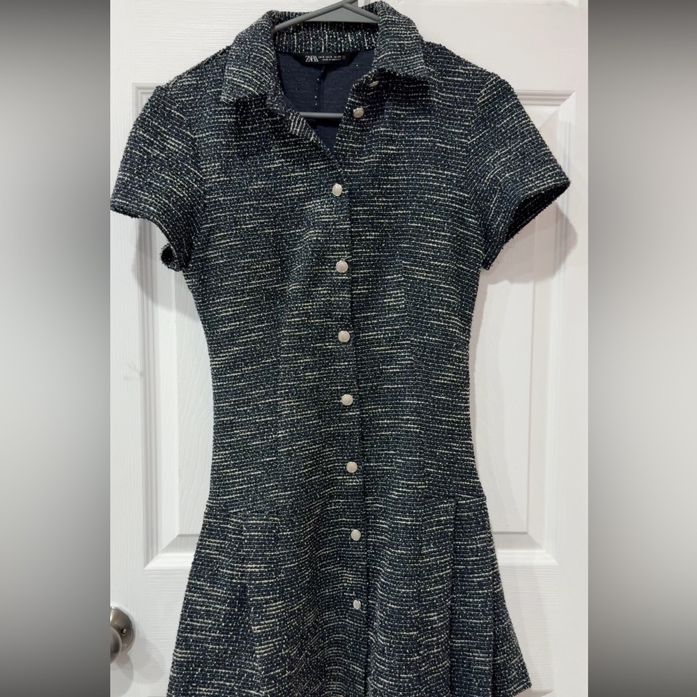 Zara Black and Cream Tweed Button Dress
